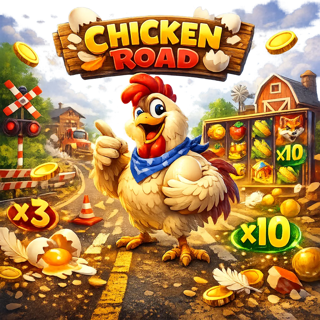 Dynamic promotional image featuring a funny chicken on a road with floating coins, eggs, and feathers.