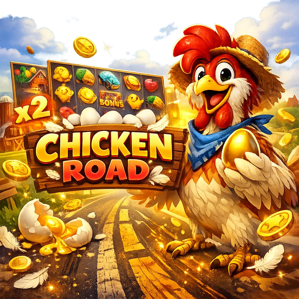 Bright and dynamic promo image for Chicken Road slot with a funny chicken, road lanes, eggs, and playful energy.
