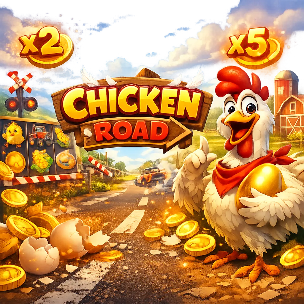 Bright and dynamic promo image for Chicken Road slot featuring funny chicken, road lanes, and coins