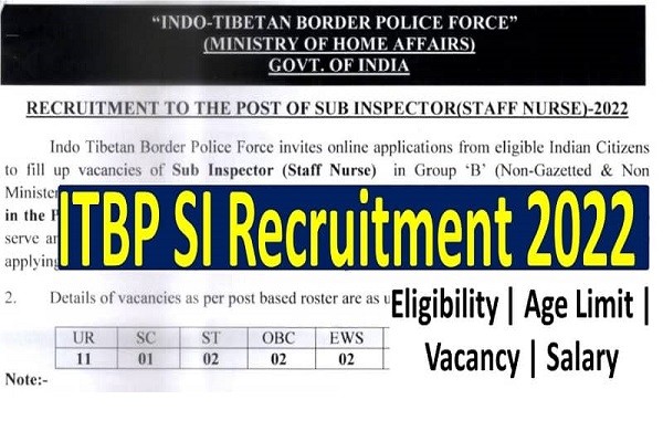 ITBP Staff Nurse SI Recruitment 2022